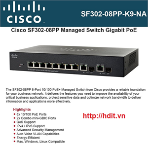 Thiết bị mạng Cisco SF302-08PP-K9 8-port PoE 10/100 + 2-Port Gigabit Switch - SF302-08PP-K9
