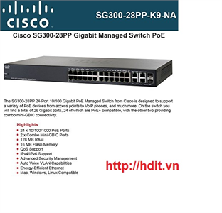 Thiết bị mạng Cisco SG300-28PP 24-Port 10/100/1000 Gigabit PoE (Công suất tối đa mỗi port 15.4W, Công suất tối đa switch 180W) Switch -  (SG300-28PP)