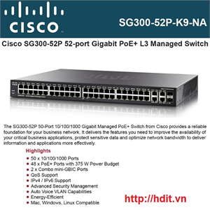 Thiết bị mạng Cisco SG300-52P 50-port 10/100/1000 + 2 shared mini-Gigabit Switch with PoE - SG300-52P-K9