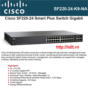 Thiết bị chuyển mạch Cisco 24-port 10/100 Mbps + 2-port combo mini-GBIT Smart Switch - SF220-24-K9 
